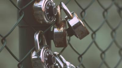 Silver padlocks on green steel fence